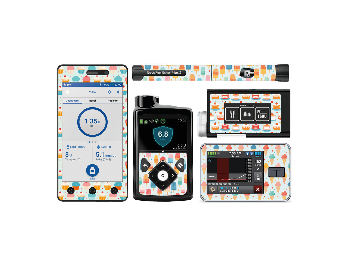 "Sweet Delights" - Diabetes Device Stickers for Ypsopump, Tandem Tslim, Medtronic Minimed, Omnipod, Novopen