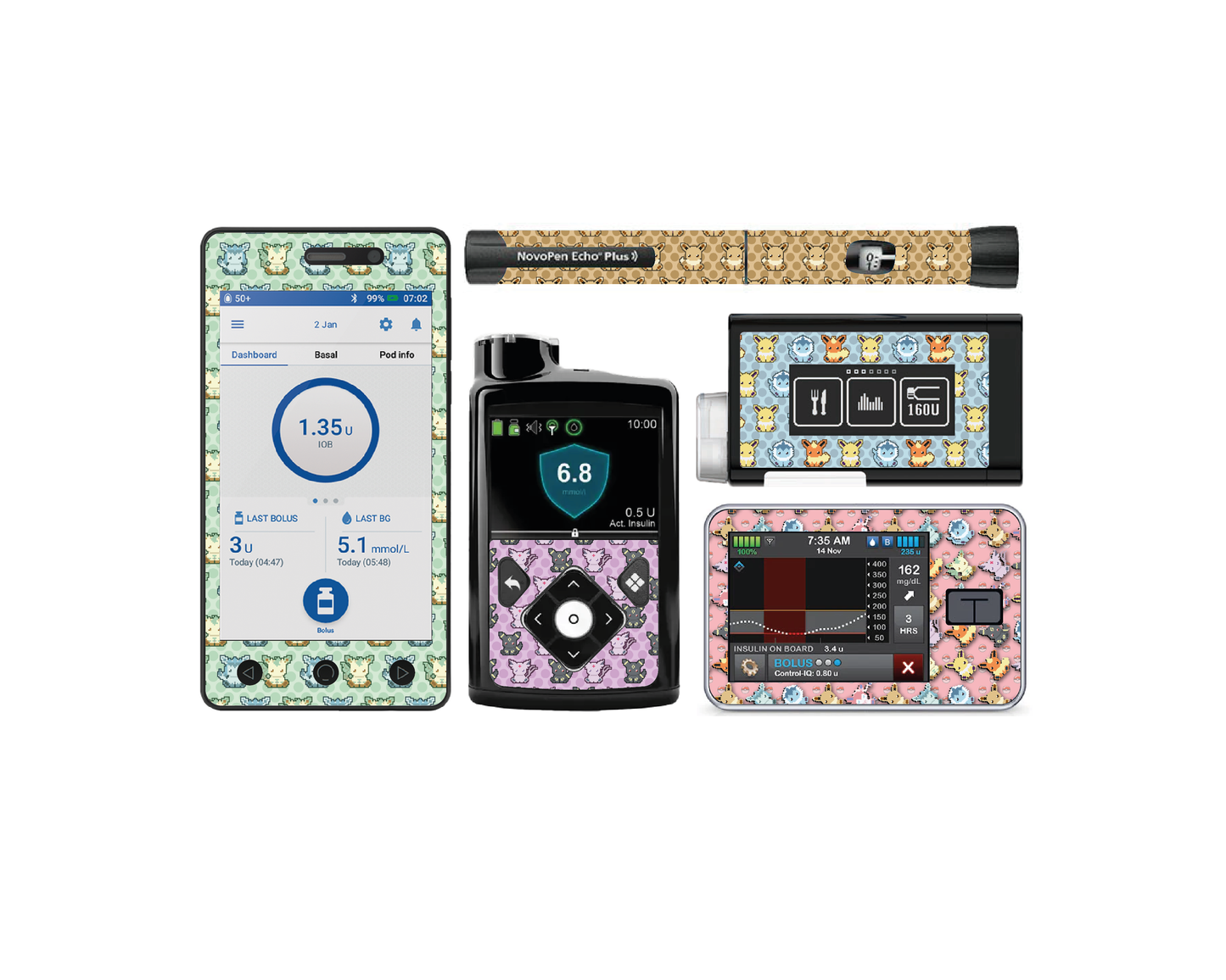 "Pixel Critters" - Diabetes Device Stickers for Ypsopump, Tandem Tslim, Medtronic Minimed, Omnipod, Novopen