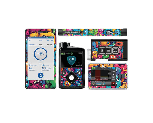 "Monster Mania" - Diabetes Device Stickers for Ypsopump, Tandem Tslim, Medtronic Minimed, Omnipod, Novopen