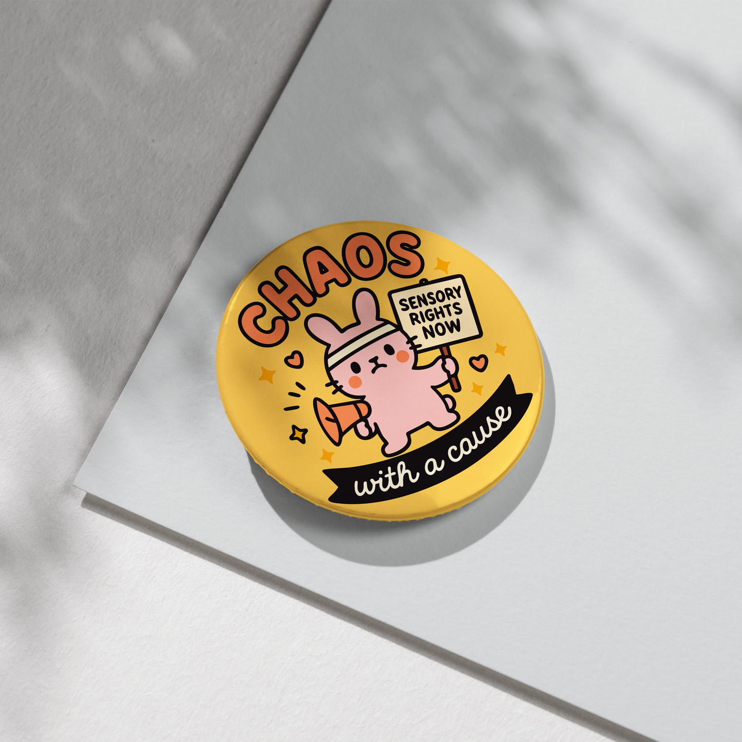 “Chaos With A Cause” – Pin Badge, Magnet or Sticker for Neurospicy Weirdos