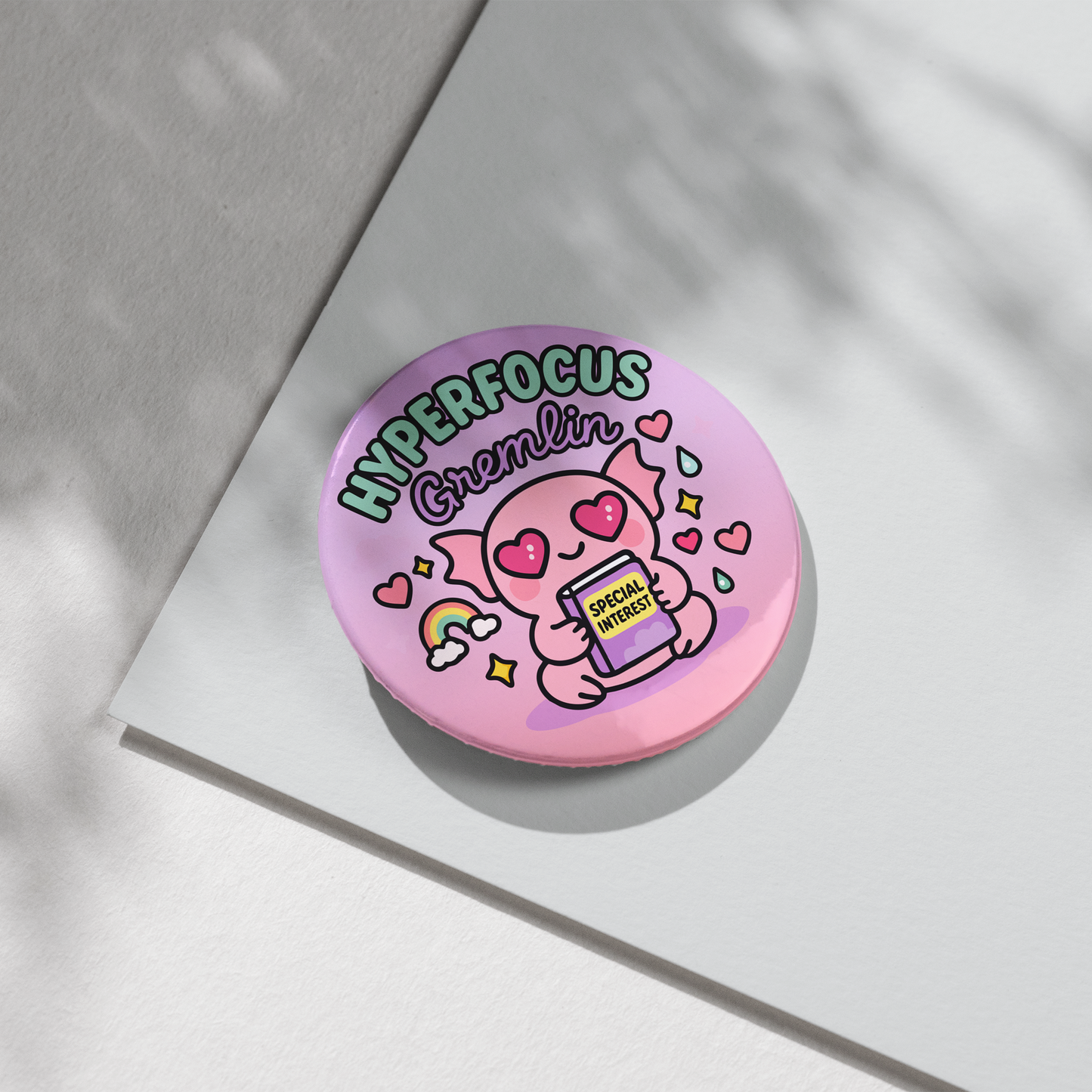 “Hyperfocus Gremlin” – Pin Badge, Magnet or Sticker for Neurospicy Weirdos