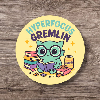 “Hyperfocus Gremlin” – Pin Badge, Sticker or Magnet for Neurospicy Weirdos