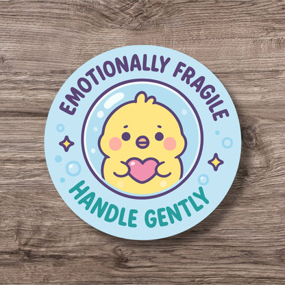 “Emotionally Fragile” – Pin Badge, Magnet or Sticker for Neurospicy Weirdos